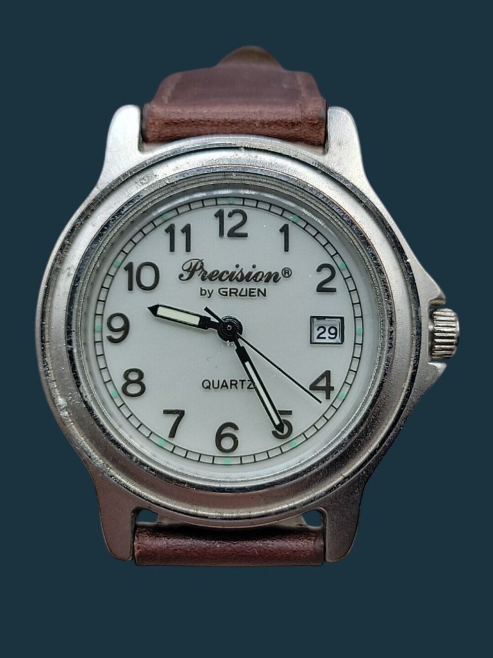 Precision Mens Watch By Gruen Quartz 38mm 8" Leather Band Day Window W/Nightglow
